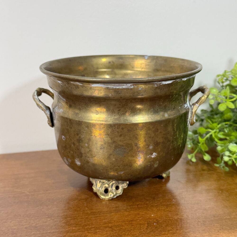 Vintage Solid Brass 3 Footed Planter Pot Cachepot Handles India 5.25 Inch Wide